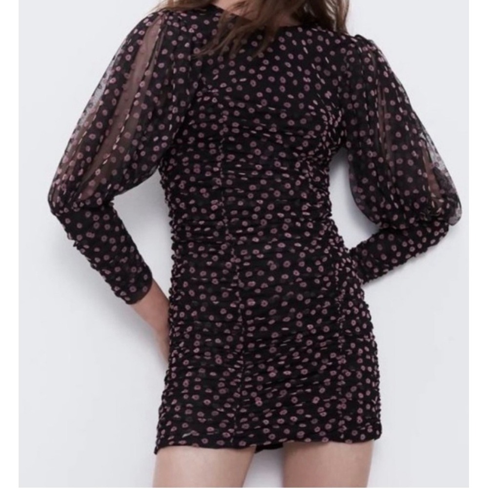 Zara Sheer Rouched Puff Sleeve Mini Dress Black Pink Daisy Romantic Goth Lined S